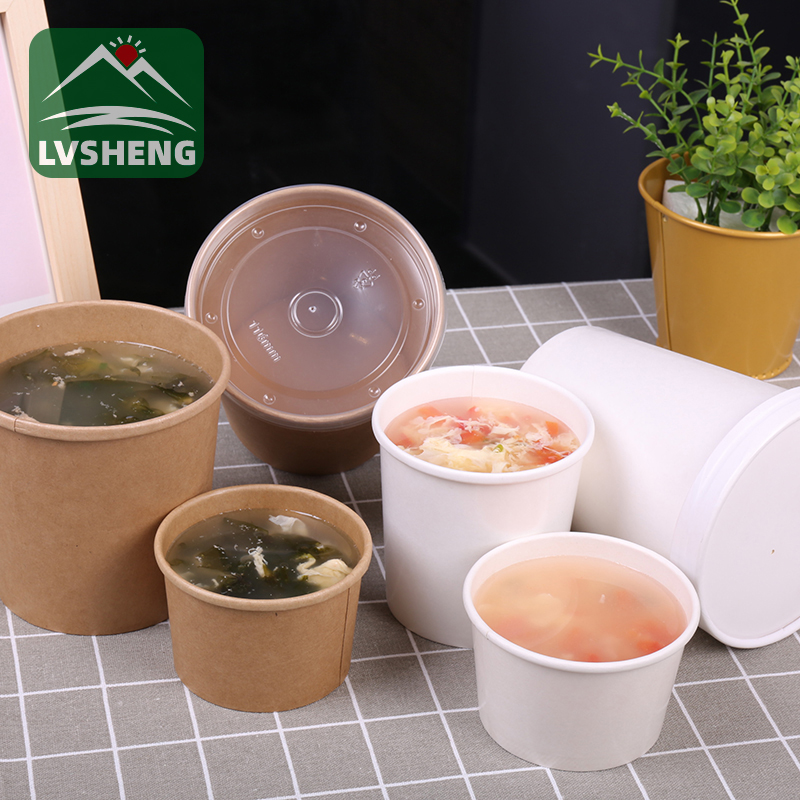 Pecynnu papur Lvsheng Yn Lansio Powlen Cawl Papur Kraft Compostable 100% Gyda Chaead