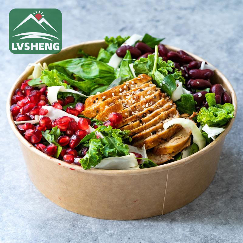 Bowlenni salad plastig clir gyda chaeadau yn dafladwy